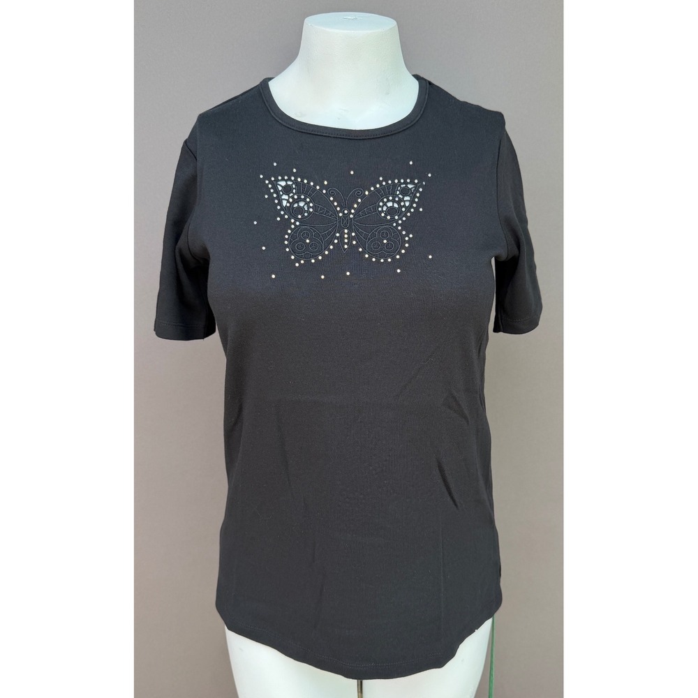 Quacker Factory XS Black Butterfly Rhinestone Tee Short Sleeve Y2K Fairycore Top